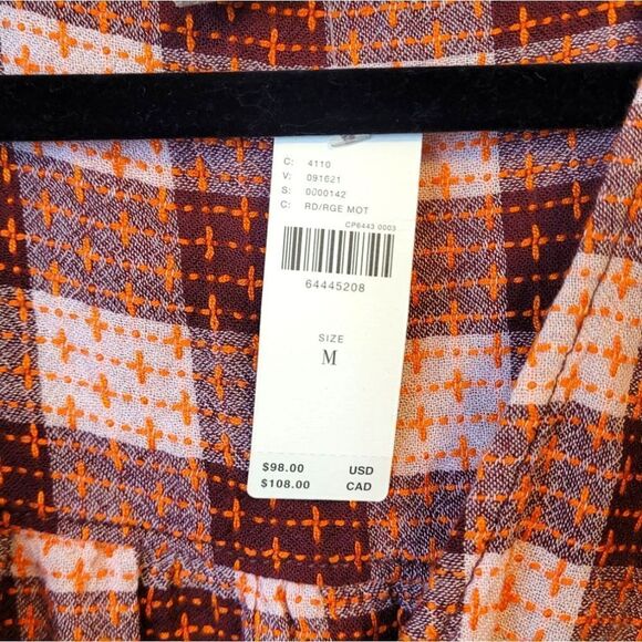 Pilcro Red Plaid Deep V Embroidered Blouse Size M NWT - Picture 4 of 7